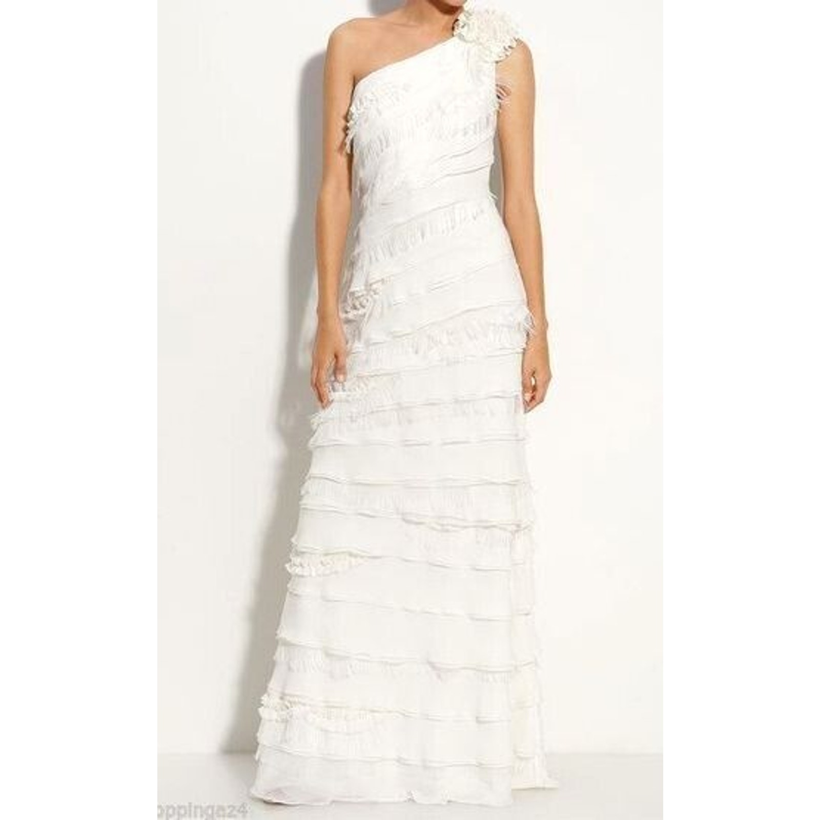 B6 Nwt Tadashi Shoji Ivory Layered Chiffon One Shoulder Wedding Dress Sz 4 $548